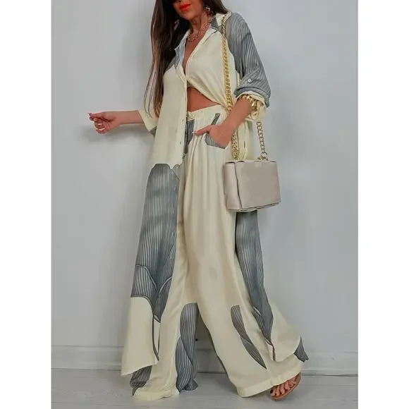 Luxury Blue Colorblock Satin Lounge Oversized Button-Down Shirt & Wide-Leg Pants - Picture 6 of 12